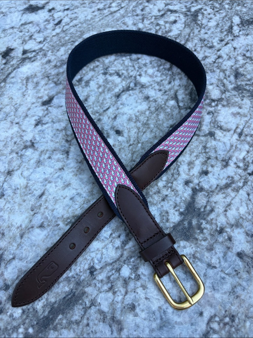 Vineyard Vines Pink and Navy Whale Kids Belt with Brown Leather Buckle Size 28